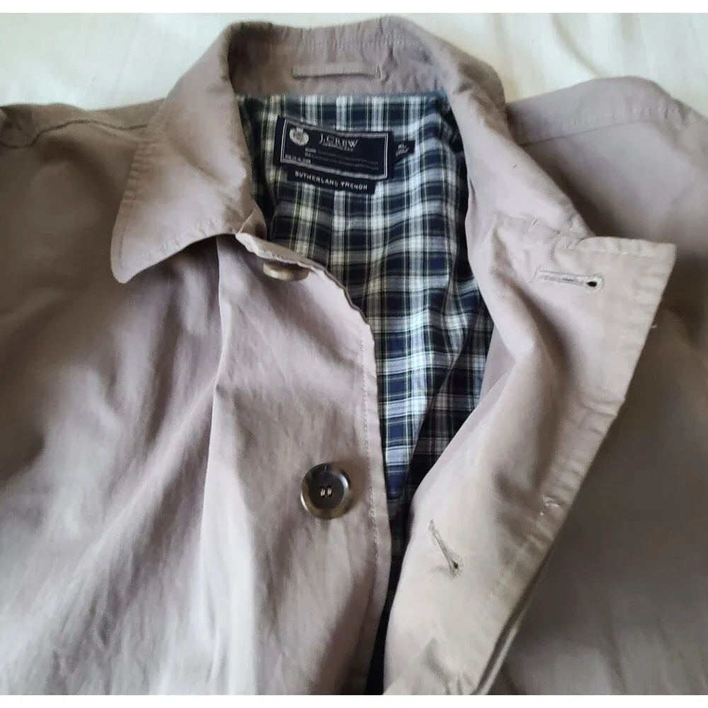 J Crew Sutherland Trench Coat Mens XL Gray Cotton Plaid Lined 2009 Y2K